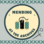 Mending at the Archives set in a circle with bobbins and a needle. There are x's at the top and bottom and another needle and thread on the right. on January 15, 2025